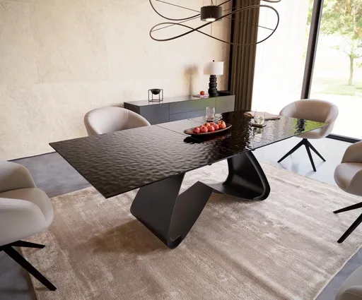 Jídelní stůl Edge 180-220x100 reliéfní sklo kouřové černé 3D