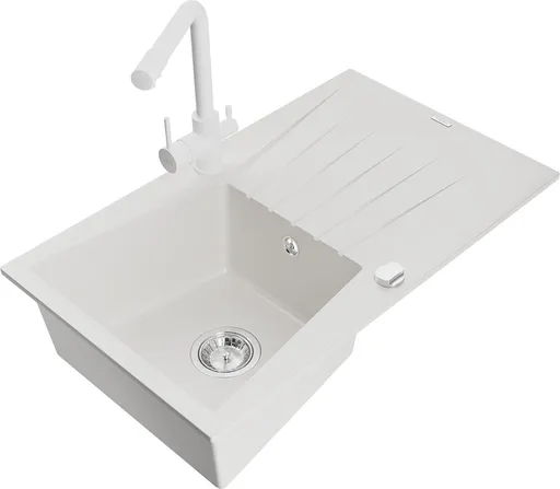 MEXEN/S Cesar granitový dřez s odkapávačem včetně baterie Duero, bílá 6514-20-671600-20