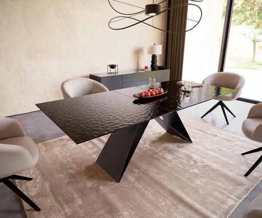 Jídelní stůl Edge 180-220x100 reliéfní sklo kouřové černé 3D