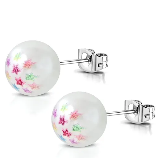 Ocelové náušnice - syntetická perlička bílé barvy, barevné hvězdičky