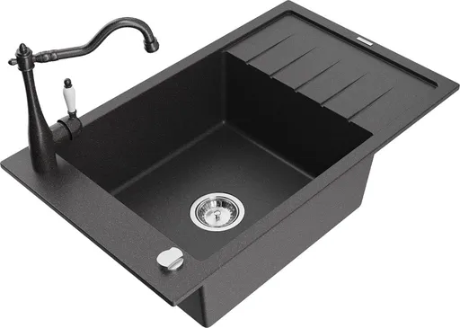MEXEN/S Elias granitový dřez 1-miska s odkapávačem včetně baterie Carla, černá kropenatá 6511-76-670700-76