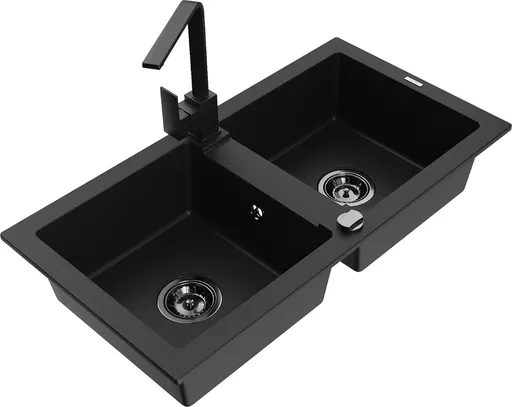 MEXEN/S Mario granitový dřez 2-bowly včetně baterie Rita, černý 6504-77-670300-70-B