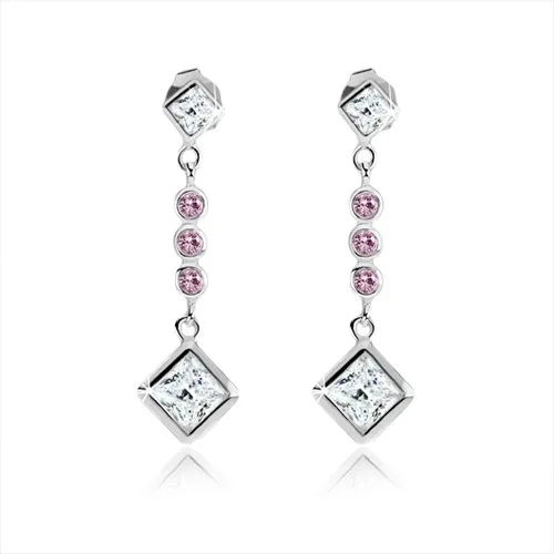Náušnice ze stříbra 925, zirkonové kosočtverce, kulaté fialové kamínky