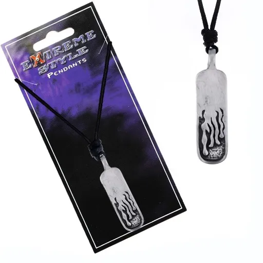 Šňůrkový náhrdelník - lesklý kovový štítek, vyryté plameny