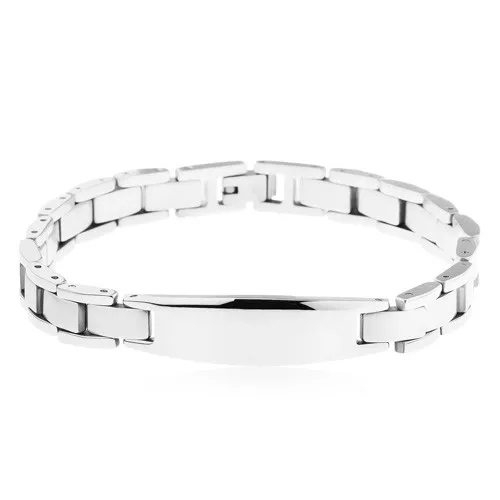 Náramek z chirurgické oceli stříbrné barvy, články H a obdélníky, známka