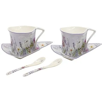Home Elements Sada šálků 2× 250 ml s podšálky a lžičkami, Levandule (LAVENDER0060)