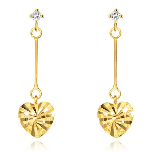 Zlaté náušnice 14K srdce s paprskovitým vzorem na tyčince