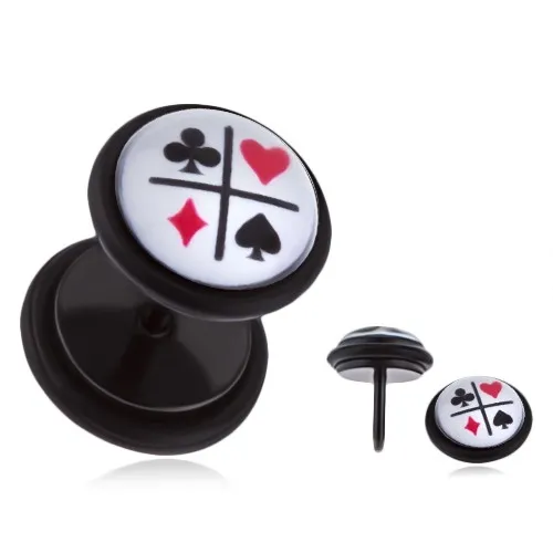 Černý fake plug do ucha s PVD povrchovou úpravou - karetní symboly
