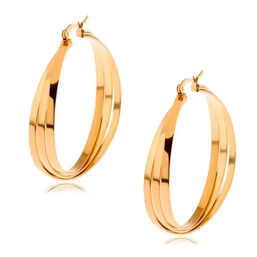 Kruhové náušnice z chirurgické oceli zlaté barvy, tři překřížené linie