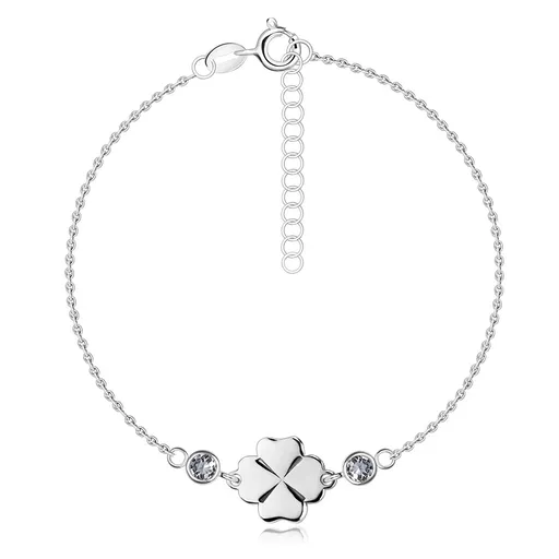 Náramek ze stříbra 925 - čtyřlístek, dva kulaté průhledné zirkony