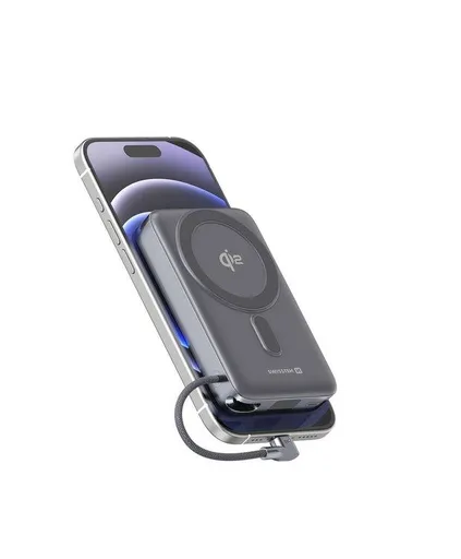SWISSTEN POWER BANK MagSafe Qi2 15W, 10000 mAh S INTEGROVANÝM KABELEM USB-C ČERNÁ