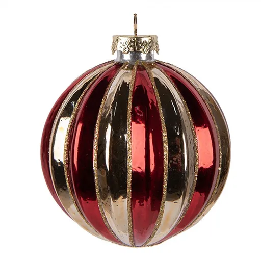 Červeno-zlatá skleněná vánoční ozdoba koule s vroubky - Ø 8*8 cm Clayre & Eef