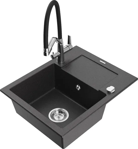 MEXEN/S Enzo granitový dřez s odkapávačem včetně baterie Duo, černá kropenatá 6506-76-671701-07