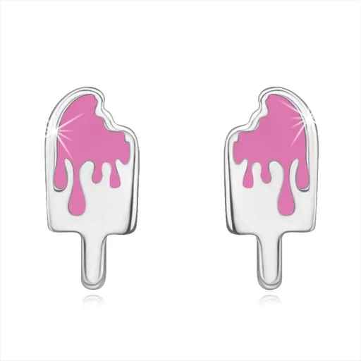 Stříbrné náušnice 925 - nakousnutý nanuk, kapající glazura, růžová barva, puzetky