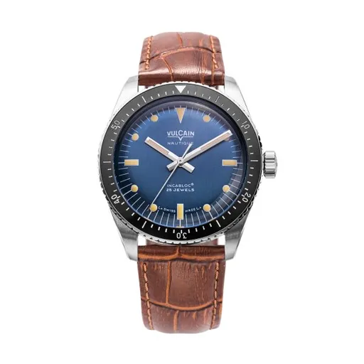 Vulcain Skindiver Nautique Blue with Khaki Brown Lum - Brown Alligator