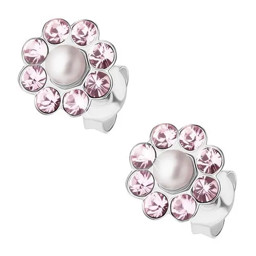 Stříbrné náušnice 925, světle fialový kvítek s bílou kulatou perlou