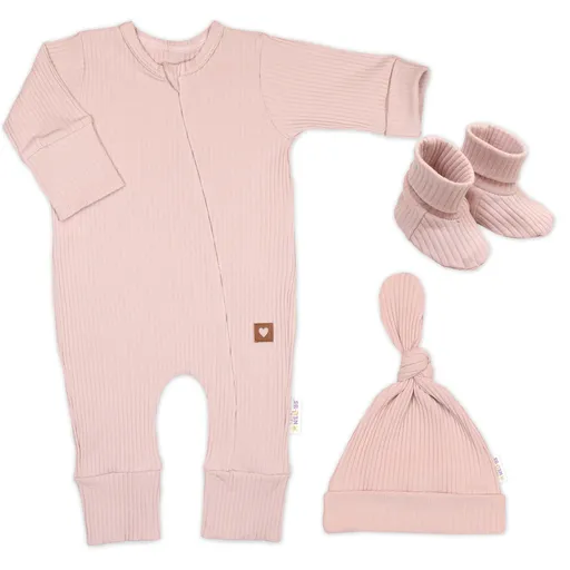 Baby Nellys Rostoucí žebrovaný overálek, čepička a botičky, pudrově růžová, vel. 86/92