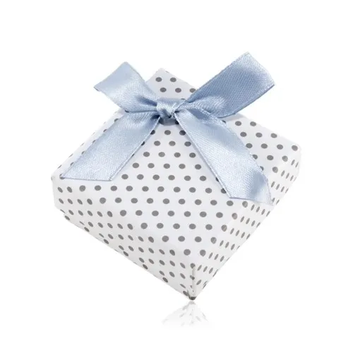 Krabička na náušnice nebo dva prsteny, bílý povrch, šedé tečky a lesklá mašle