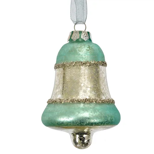 Stříbrno-modrá antik skleněná závesná ozdoba zvonek - Ø 5*9 cm Clayre & Eef