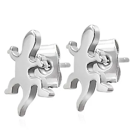 Náušnice z oceli 316L - plazící se ještěrka stříbrné barvy