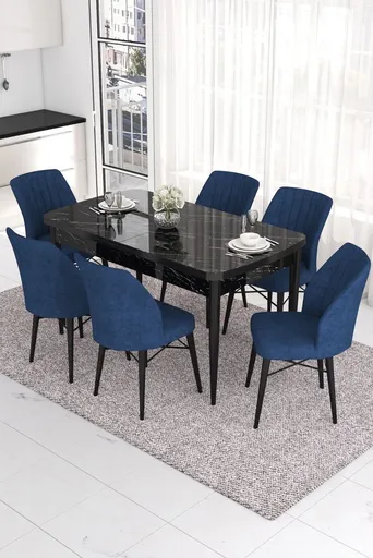 Extendable Dining Table & Chairs Set (7 Pieces) Eva - Black Marble, Navy Blue