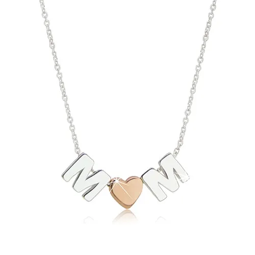 Rhodiovaný stříbrný náhrdelník 925 - motiv "MOM" tvořený písmeny "M" a srdíčkem