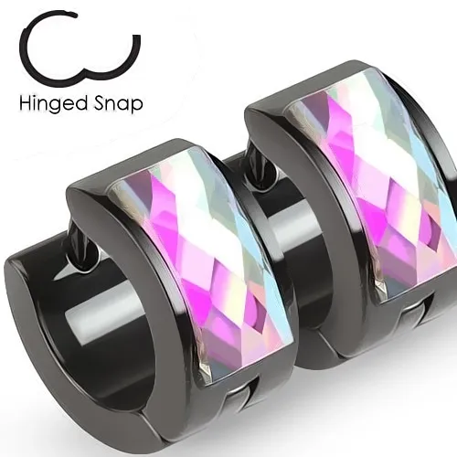 Kloubové náušnice z oceli 316L, černá barva, broušený zirkon, duhový lesk