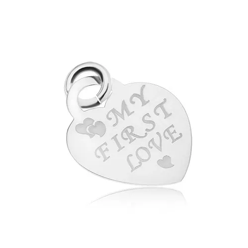 Stříbrný 925 přívěsek ve tvaru souměrného srdíčka, lesklý a plochý, MY FIRST LOVE