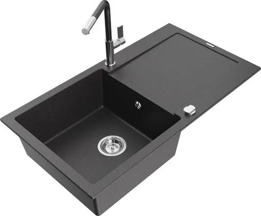 MEXEN/S Leo granitový dřez 1 s odkapávačem včetně baterie Flora, černá kropenatá 6501-76-670401-08