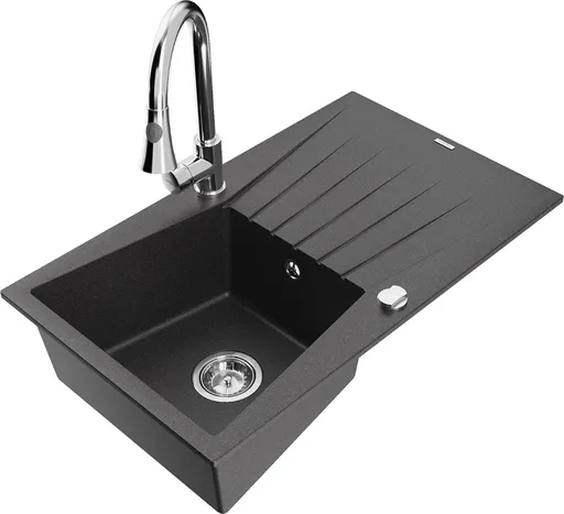 MEXEN/S Cesar granitový dřez 1 s odkapávačem včetně baterie Elia, černá kropenatá 6514-76-670101-00