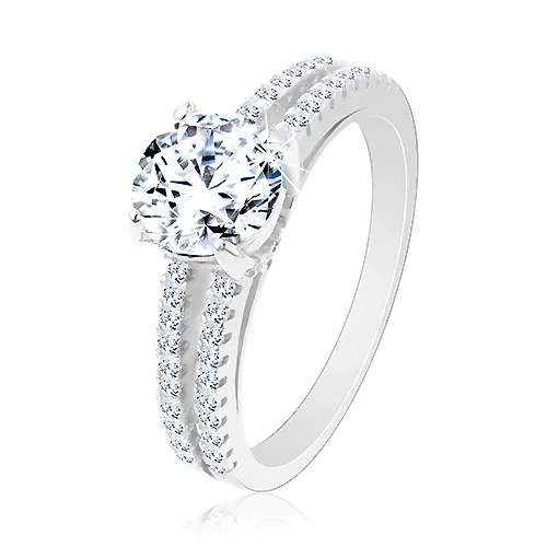 Zásnubní prsten ze stříbra 925, rozdvojená ramena, kulatý čirý zirkon - Velikost: 49