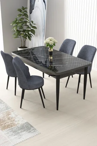 Dining Table & Chairs Set (5 Pieces) Nil - Black Marble, Fume