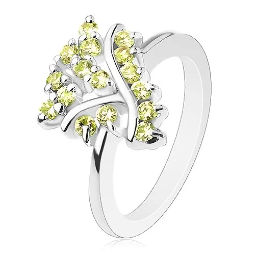 Prsten se zúženými rameny, hladké proužky a třpytivé žlutozelené zirkonky - Velikost: 49