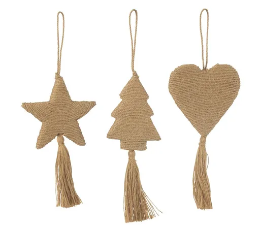 3ks přírodní jutová ozdoba hvězda stromek srdce se střapci - 10*1*20 cm J-Line by Jolipa