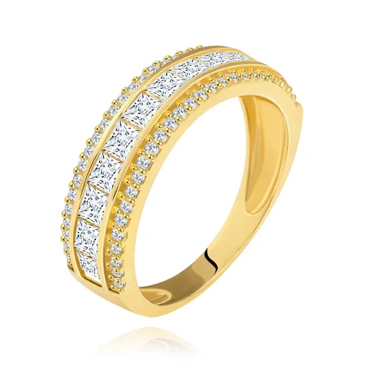 Prsten ze žlutého 14K zlata - linie čirých zirkonových čtverečků, třpytivý lem - Velikost: 57