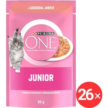 Purina One Junior mini filetky s lososem a mrkví ve šťávě 26 × 85 g (7613287902979)