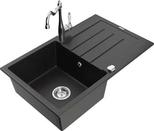MEXEN/S Bruno granitový dřez 1-miska s odkapávačem včetně baterie Carla, černá/zlatá metalik 6513-75-670700-00