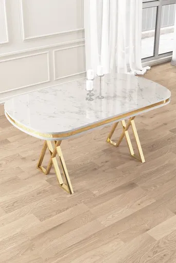 Jídelní stůl Zae - White Marble, Gold