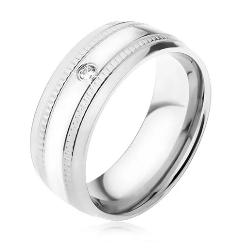 Prsten z oceli 316L, čirý zirkon, dva vodorovné rýhované pásy - Velikost: 65