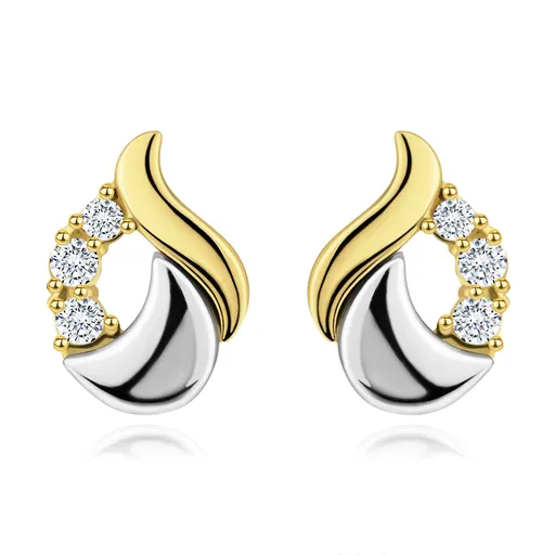 Diamantové náušnice - lesklá slza ze 14K bílého a žlutého zlata, tři čiré brilianty