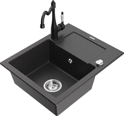 MEXEN/S Enzo granitový dřez 1 s odkapávačem včetně baterie Carla, černá kropenatá 6506-76-670700-70
