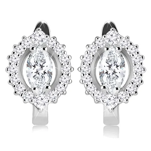 Rhodiované náušnice ze stříbra 925, úzké broušené zrnko s čirým obrysem