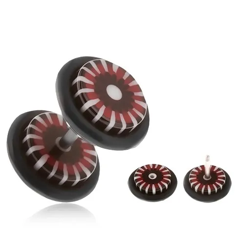 Fake plug do ucha, kolečka z akrylu, červeno-černý květ, bílé paprsky