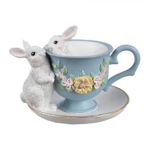 Dekorace králíčci v modrém šálku s květinami - 13*16*12 cm Clayre & Eef