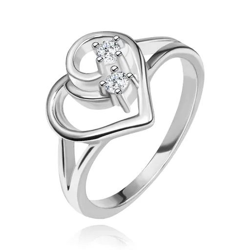 Prsten ze stříbra 925, rozdvojená ramena, obrys srdce, čiré kamínky - Velikost: 49