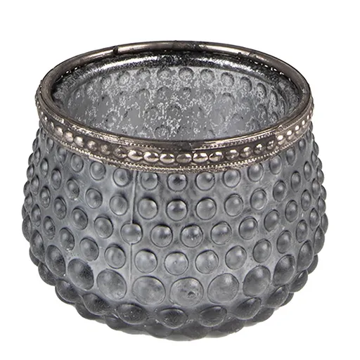 Šedý skleněný svícen na čajovou svíčku se zdobným okrajem - Ø 8*6 cm Clayre & Eef