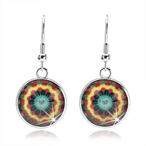 Kabošon náušnice, čirá glazura, pestrobarevný kaleidoskop, motýlci