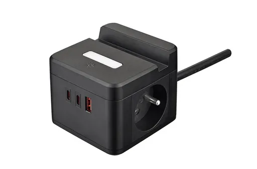 Síťový adaptér VIKING YC23H, černá/Output:2xAC,1xUSB-A,2xUSB-C/držák na mobil/LED světlo/1,4m kabel