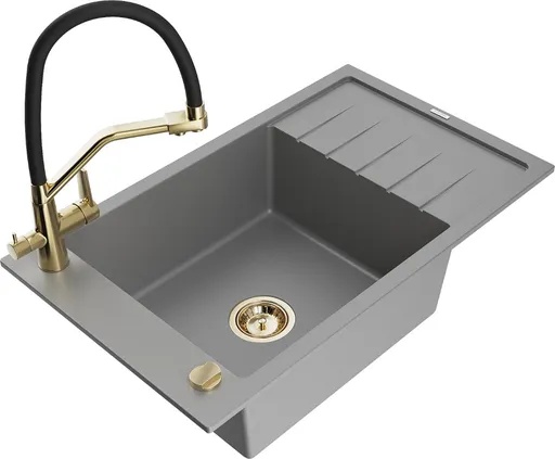 MEXEN/S Elias granitový dřez s odkapávačem včetně baterie Duo, šedá 6511-71-671701-57-G