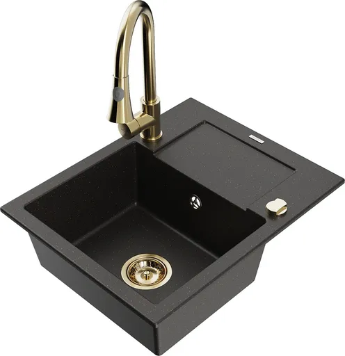 MEXEN/S Enzo granitový dřez 1 s odkapávačem včetně Elia, černá/zlatá metalik 6506-75-670101-50